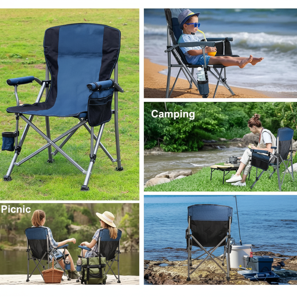 Folding camp chair lifestyle collage - beach, camping, picnic, fishing scenes