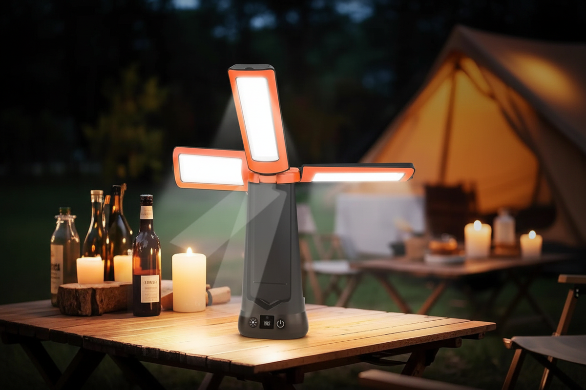 Orange LED camping work light on wooden camping table at night with wine bottles and candles, glowing tent in background, no text