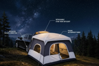 CAMPAX SUV tailgate tent glowing at night under milky way sky with feature callouts, no watermark