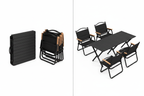 Portable folding camping table and 4 chairs shown folded and compact, white background