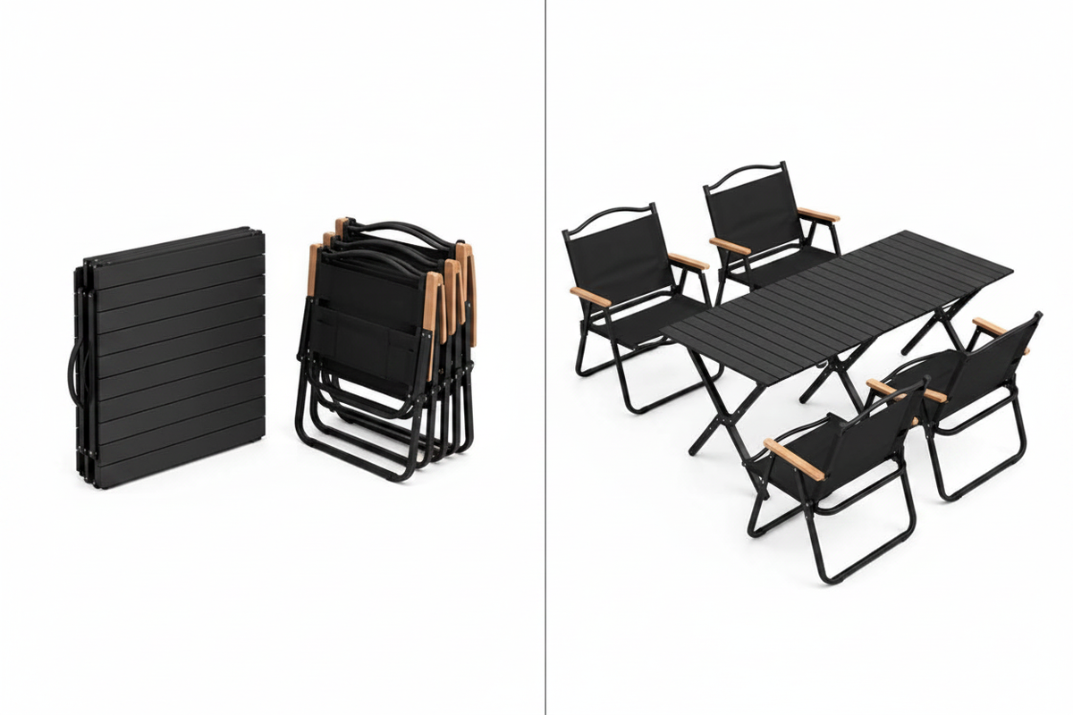 Portable folding camping table and 4 chairs shown folded and compact, white background