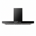 A modern black range hood with a sleek rectangular chimney and a horizontal control panel on the front, shown against a solid white background.