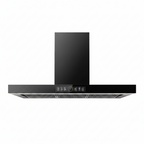 A modern black range hood with a sleek rectangular chimney and a horizontal control panel on the front, shown against a solid white background.